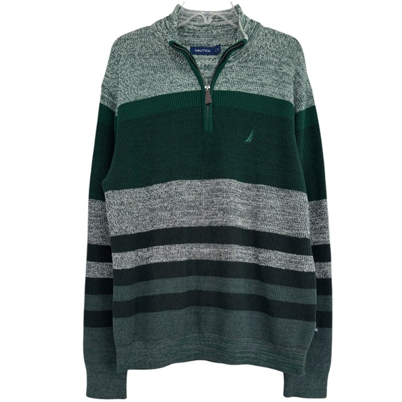 Nautica Quarter Zip Sweater Luxury Knit Colorblock Stripe Green Gray Men Size XL - Picture 4 of 16